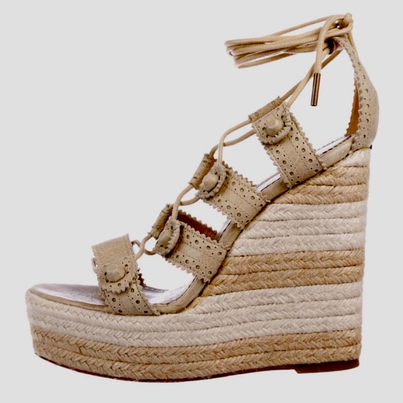 BALENCIAGA Tan Leather Lace Up Espadrille Wedges Platform Sandals Sz 39 $825 - Picture 2 of 5